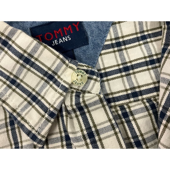 Men’s Tommy Jeans Size Large Button Up Blue White Denim Style Plaid Button Up - Picture 6 of 12